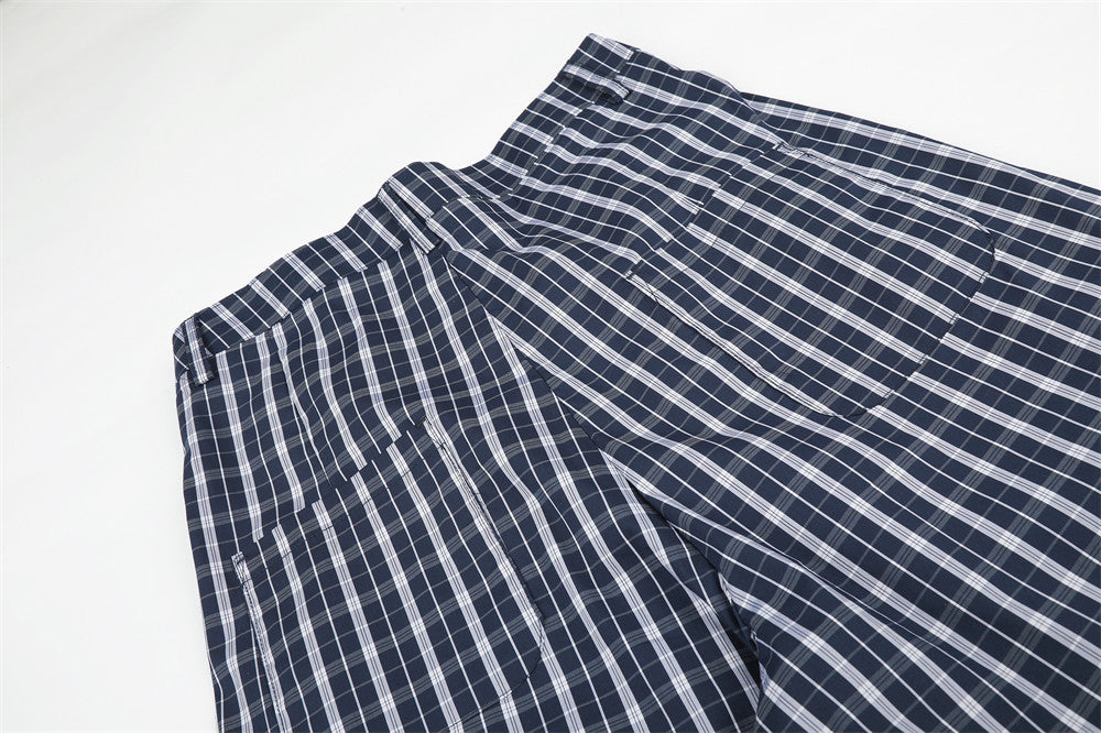 Men's Plaid Wide-Leg Trousers with Button Fly & Pleated Design