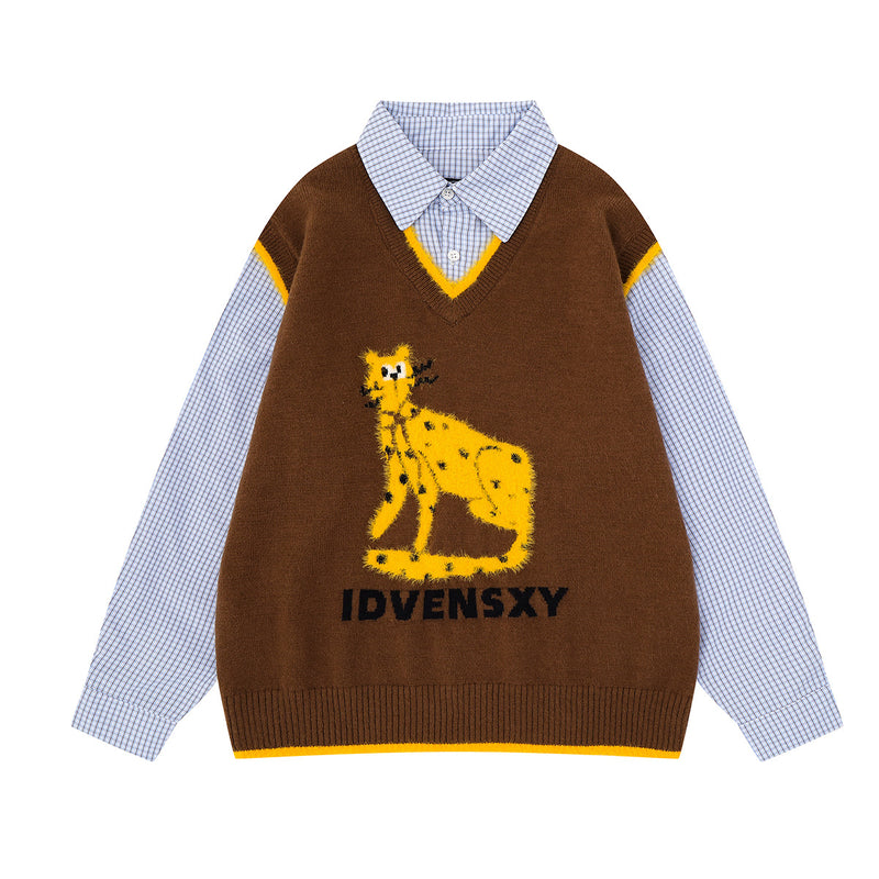 Cat Sweater for Humans – Layered Knit Vest & Plaid Shirt Two-Piece Look