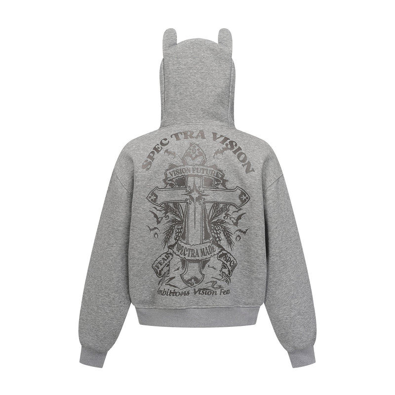Zip-Hoodie mit Kapuze mit Teufelsohren – Gothic-Kreuz-Graphic-Sweatshirt im Streetwear-Stil