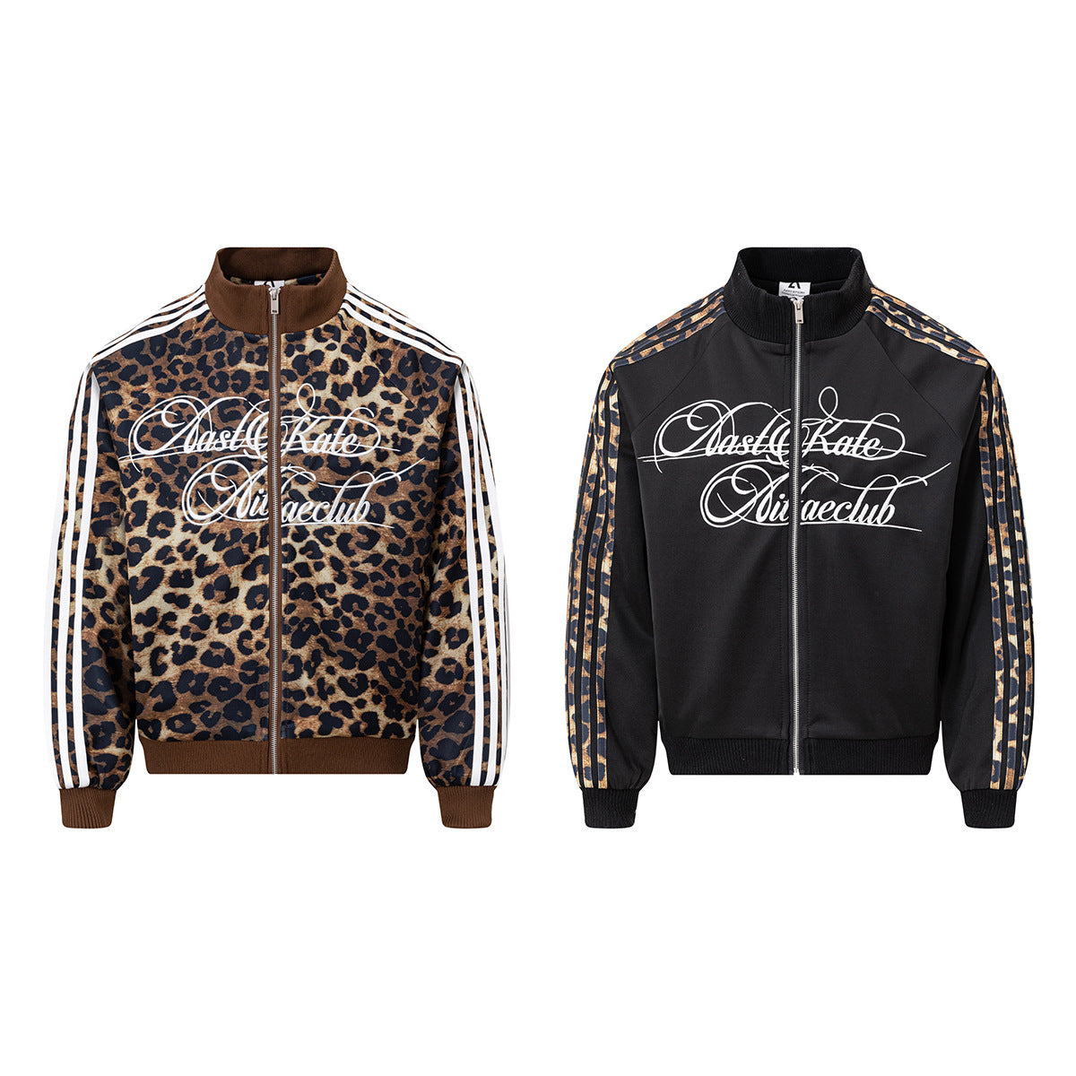 Veste de survêtement imprimé léopard – Col montant zippé et manches à rayures