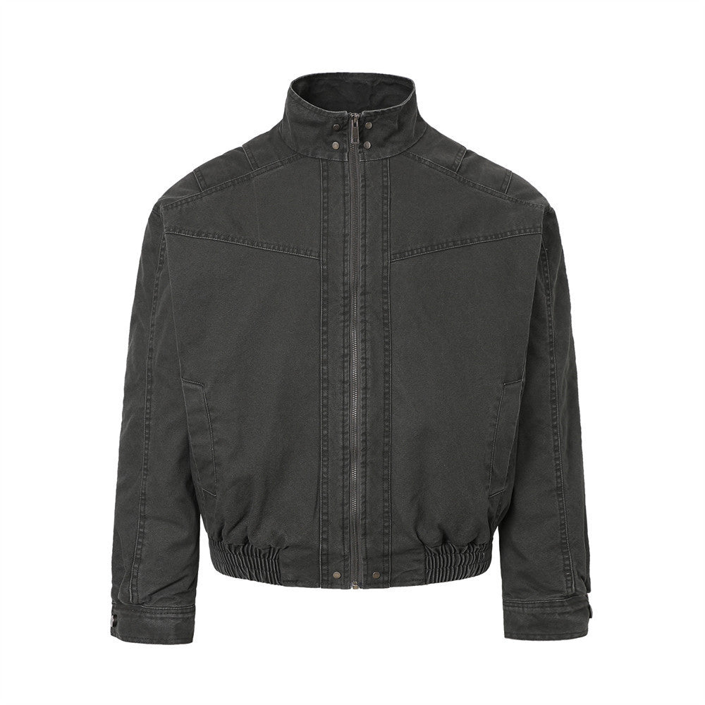 Men's vintage washed charcoal grey stand-collar bomber jacket with elastic hem and diagonal yoke seaming, front view