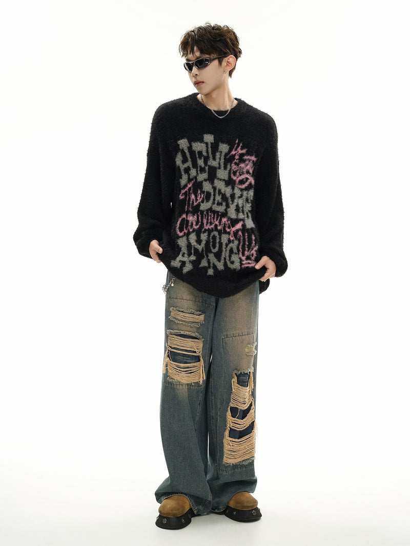 Pull oversize en maille jacquard à lettrage – Hell Is Empty, motif graffiti