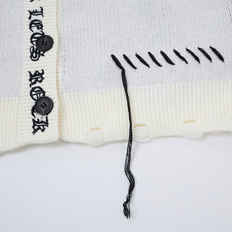 Gilet en maille à motif croisé et lettres gothiques – Pull destroy pour homme