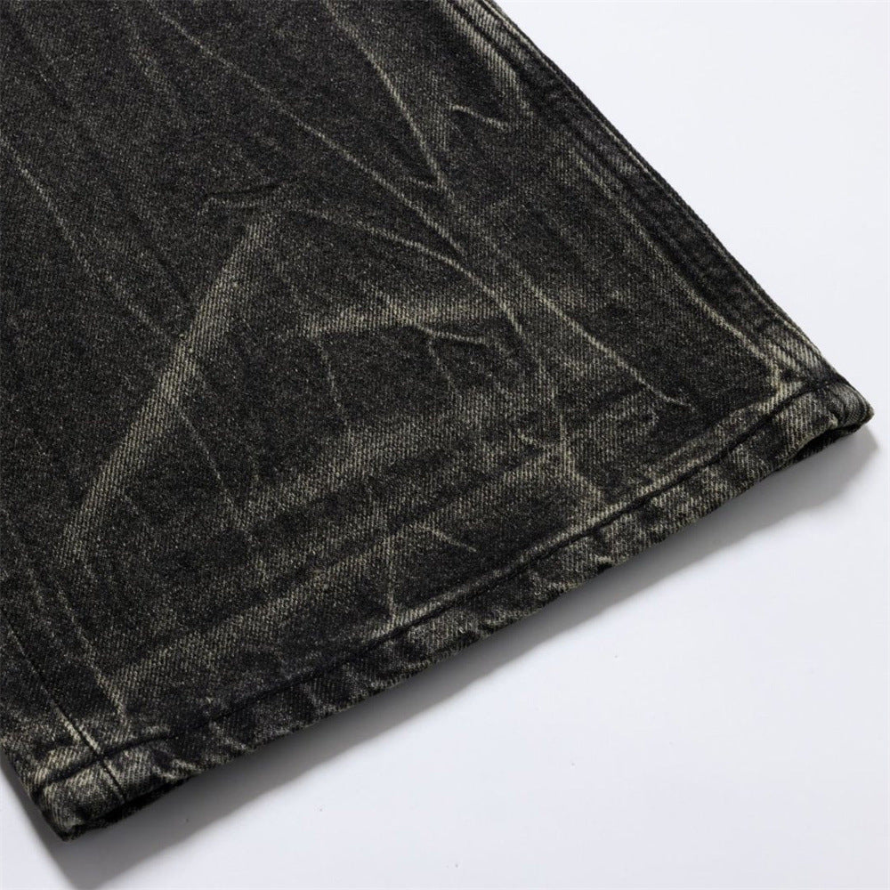 Baggy Straight Leg Jeans – Men's Vintage Washed Distressed Black Wide-Leg Denim