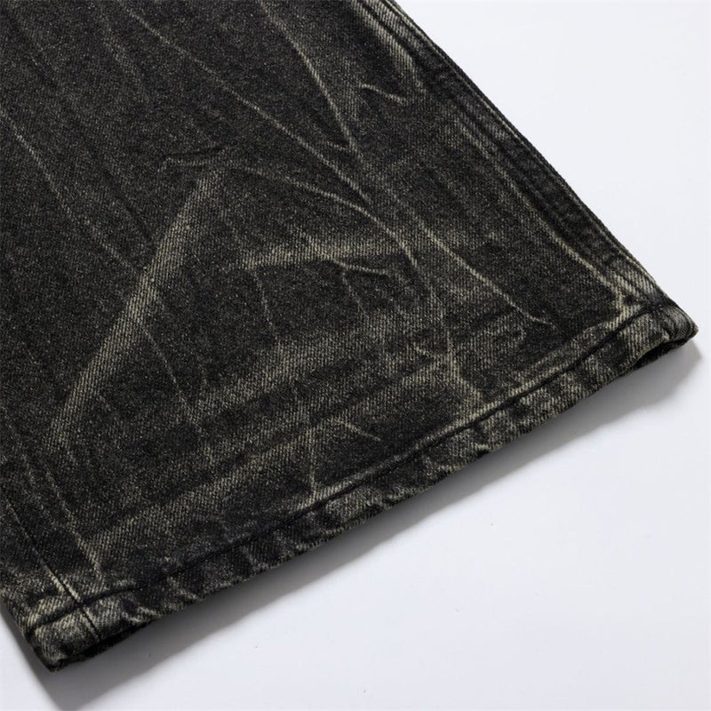 Baggy Straight Leg Jeans – Men's Vintage Washed Distressed Black Wide-Leg Denim