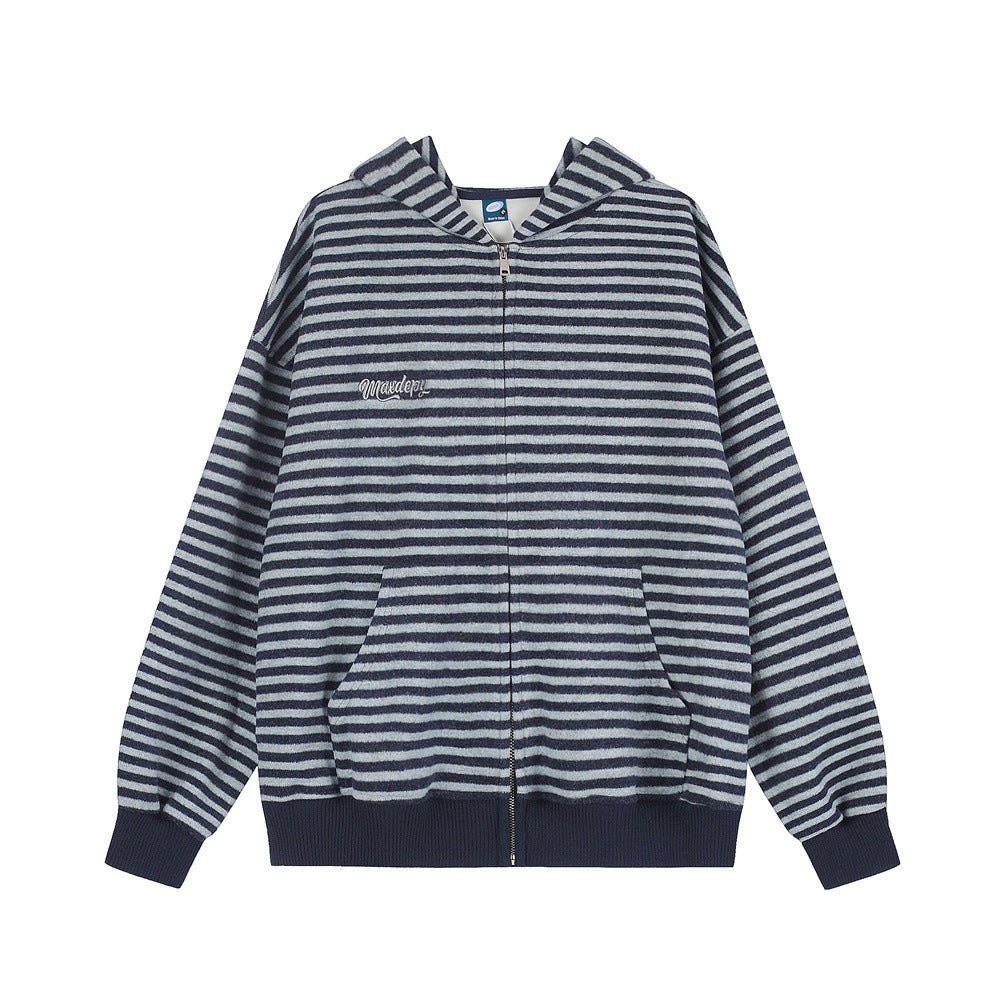 Gestreifter Oversized-Zip-Hoodie für Herren in Navyblau mit gesticktem Logo auf der Brust und Rippbündchen
