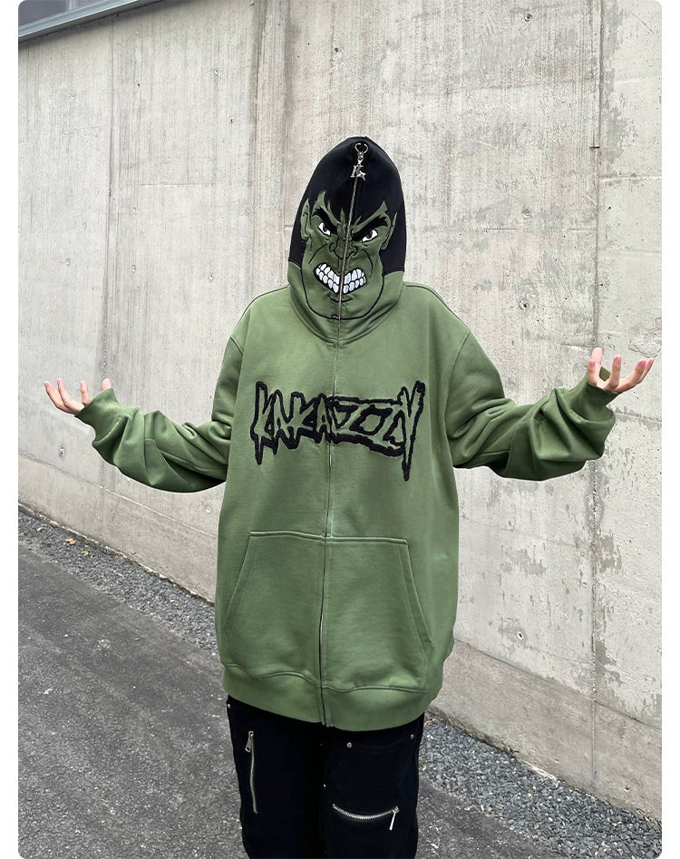 Hulk-Inspired Hoodie - 400GSM Oversized Green Zip-Up Superhero Sweatshirt