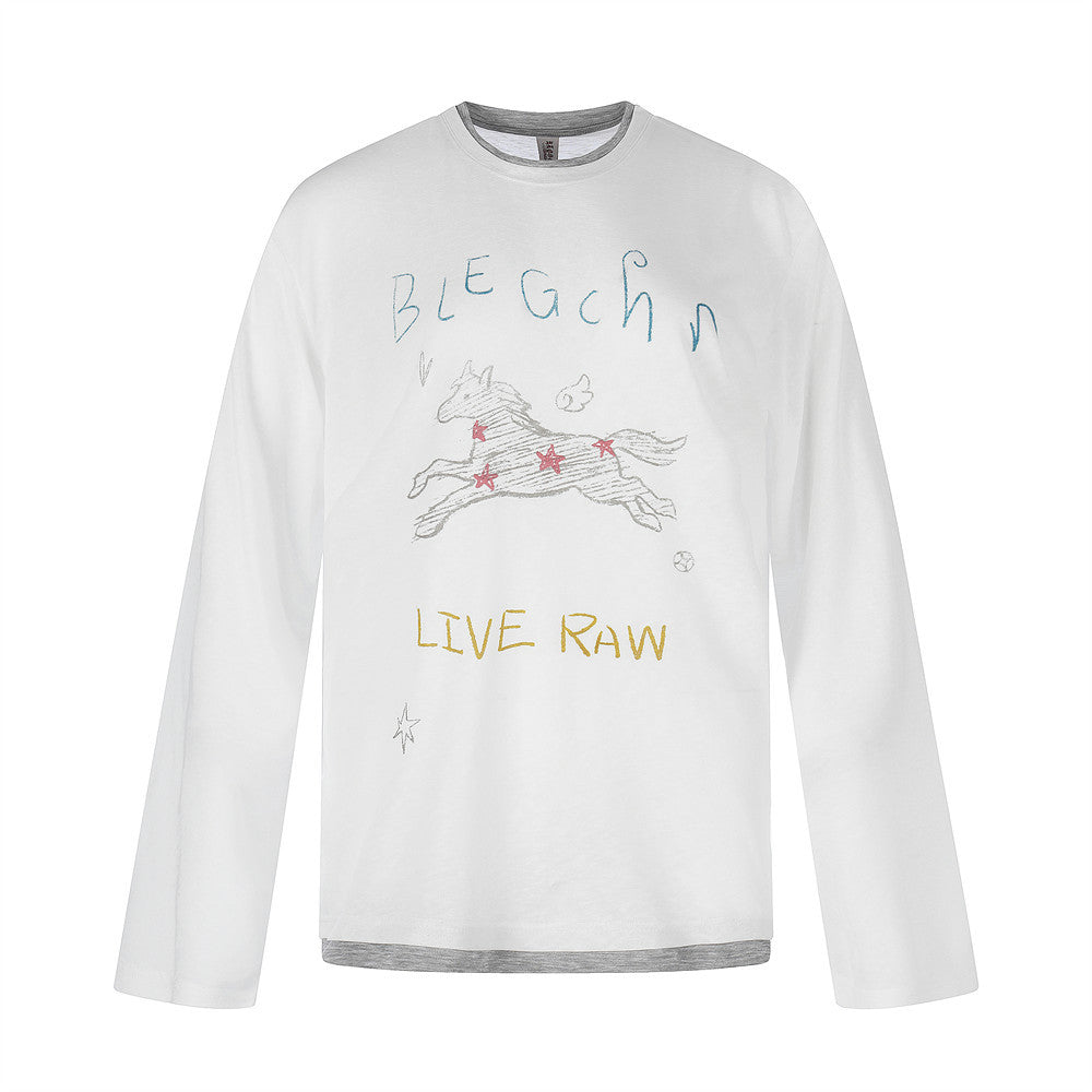 White long sleeve tee with running horse graphic and handwritten text on front