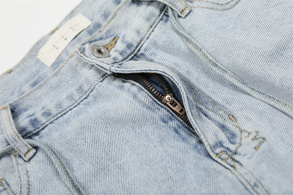 Wide-Leg Distressed Jeans – Light Blue Acid-Washed Straight-Cut Denim with