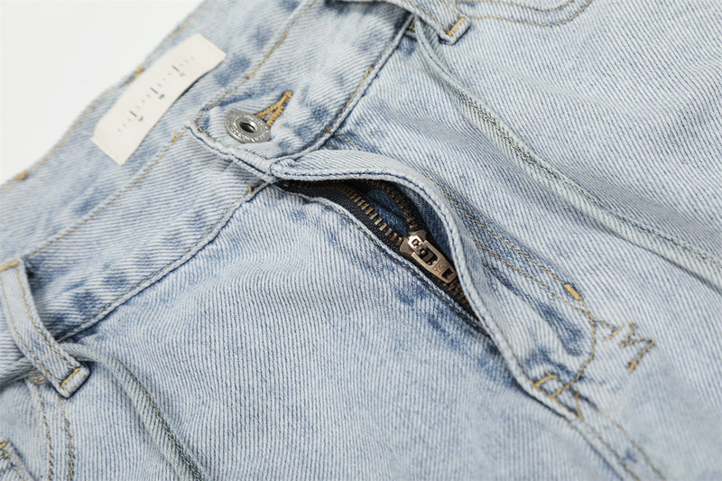 Wide-Leg Distressed Jeans – Light Blue Acid-Washed Straight-Cut Denim with