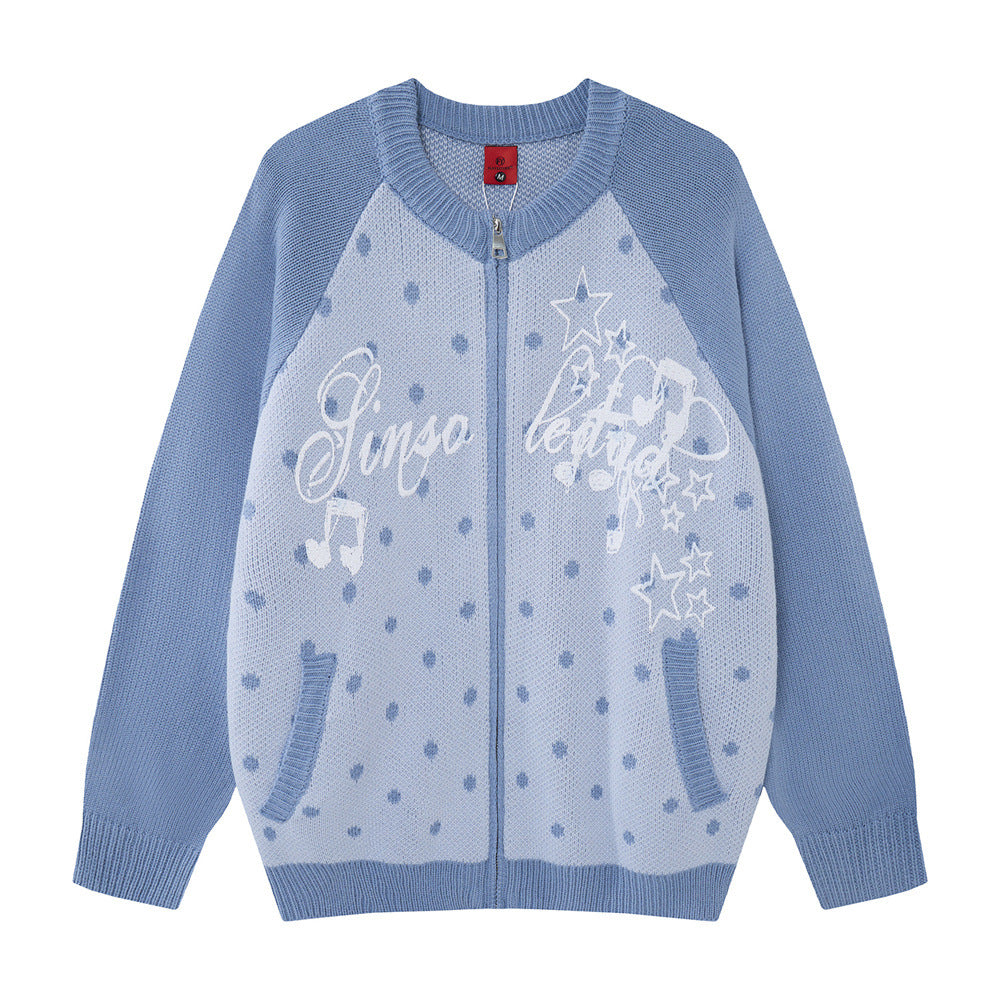 Colorblock Raglan Zip-Up Knit Cardigan – Polka Dot Star Graphic Sweater
