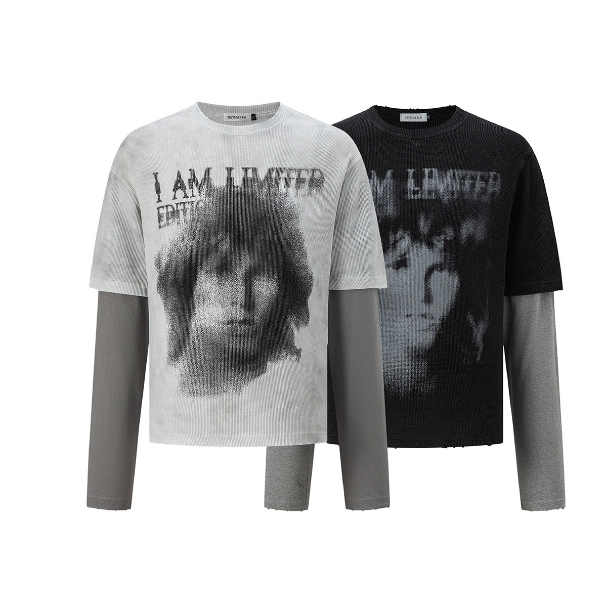 Faux Two-Piece Long Sleeve Graphic Tee – Waffle Knit Face Print Crew Neck Shirt