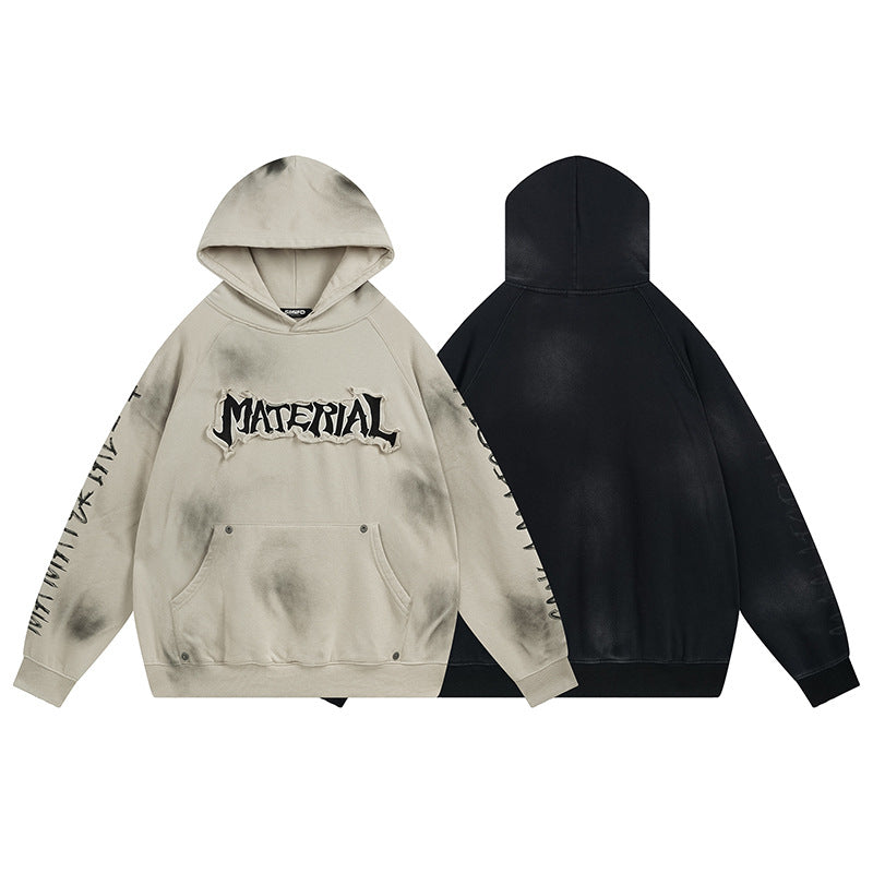 Material Graphic Oversized Hoodie – Washed Heavy Fleece with Embroidered Patch &
