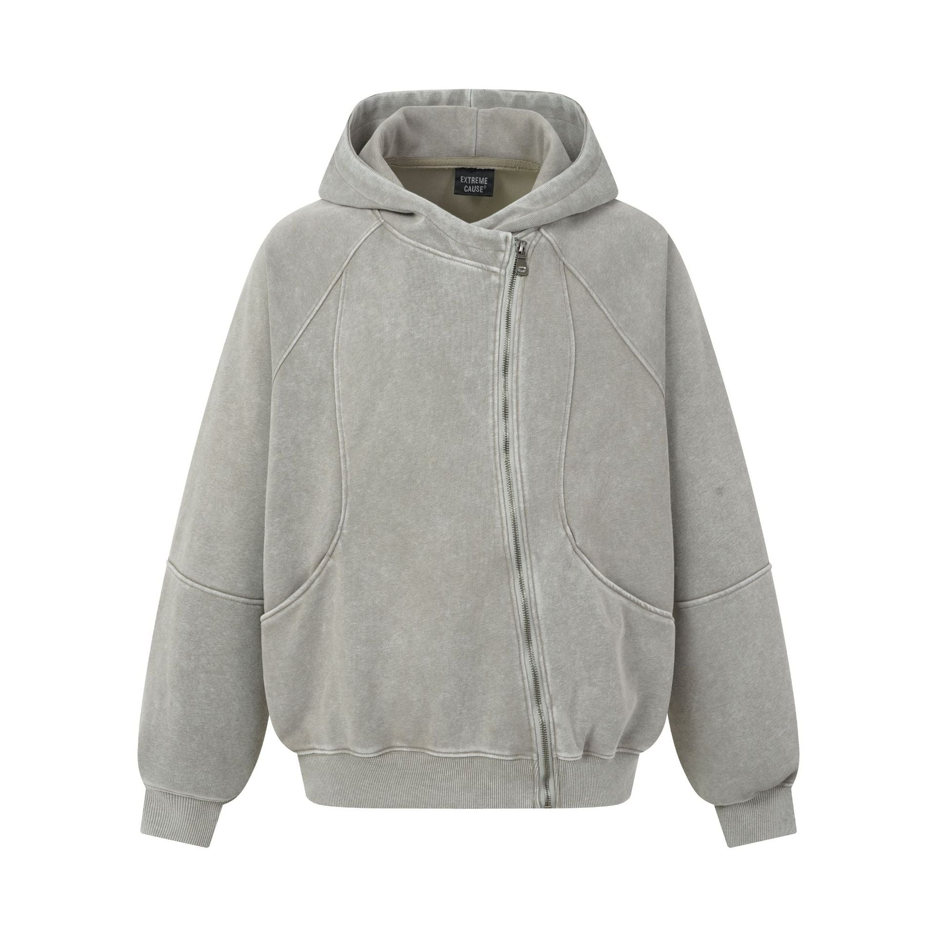 Oversized Acid Wash Zip-Up Hoodie – Deconstructed Streetwear Design