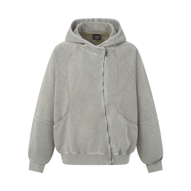 Oversized Acid Wash Zip-Up Hoodie – Deconstructed Streetwear Design