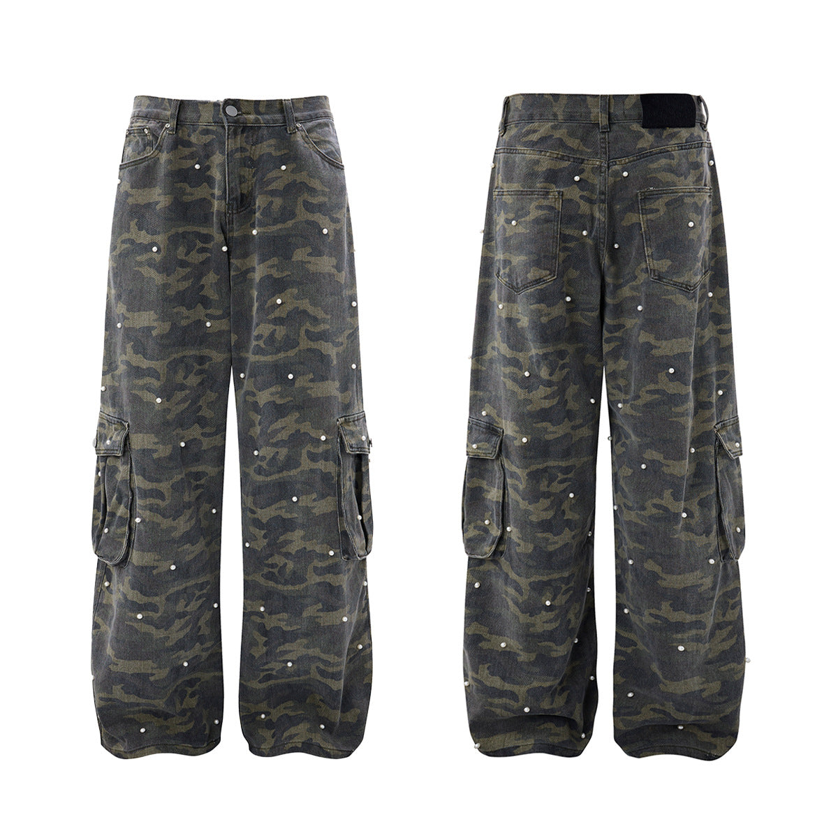 Pantalon cargo droit camouflage à clous perles – Denim à jambes larges