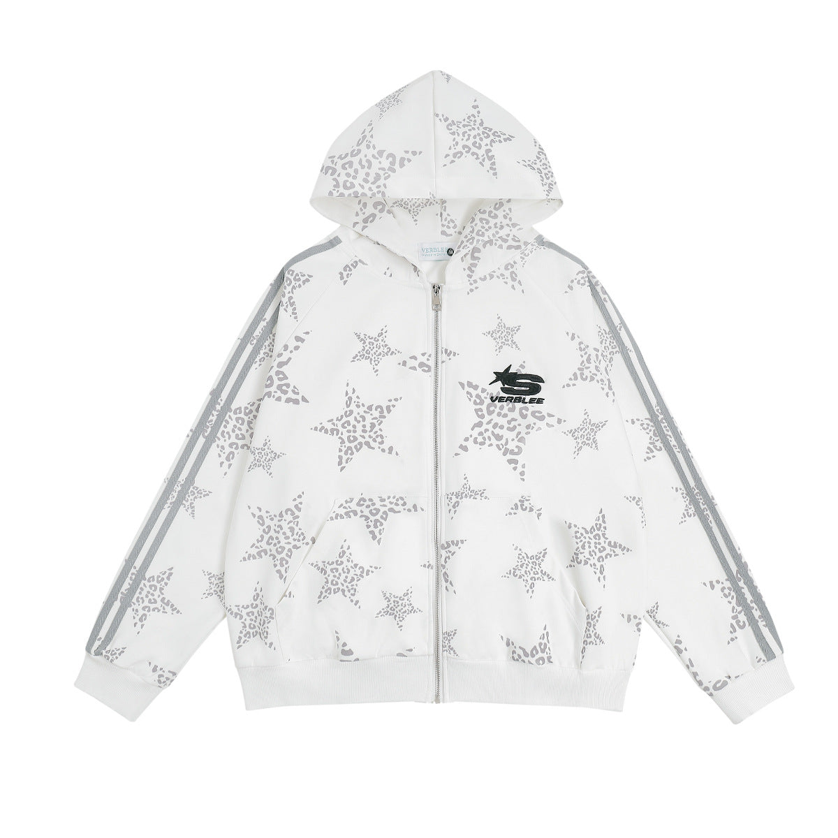 Sweat à capuche zippé blanc Verblee, imprimé intégral léopard gris avec étoiles et double bande latérale, vues avant et arrière