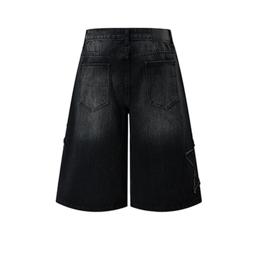 Men's Baggy Denim Shorts with Star Patch Detail, Washed Wide-Leg Five-Point Cut
