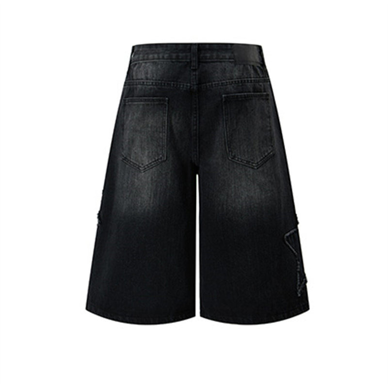 Men's Baggy Denim Shorts with Star Patch Detail, Washed Wide-Leg Five-Point Cut