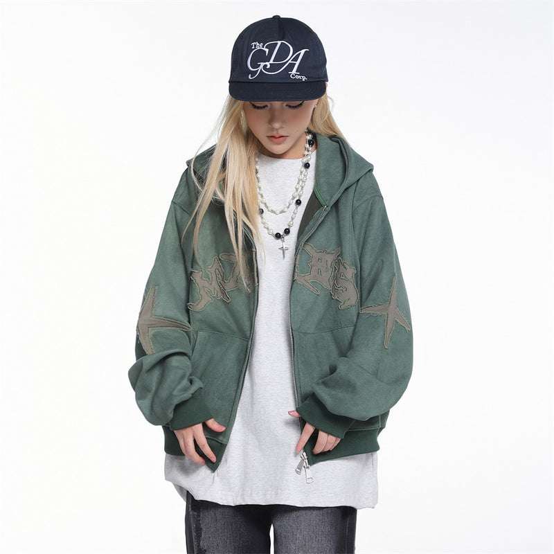 Baggy Zip Up Hoodie with Letter Appliqué — Oversized Streetwear Zip Hoodie