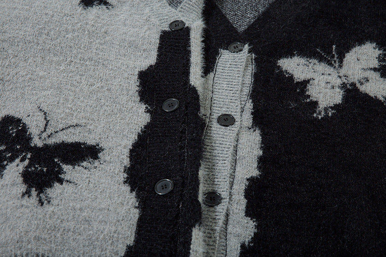 Gilet cardigan en maille jacquard papillon – Col V oversize, maille couple