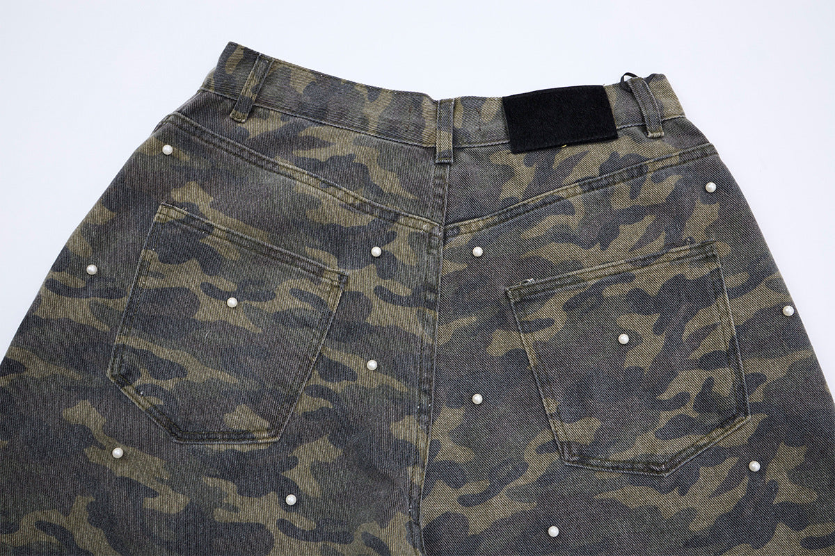 Pantalon cargo droit camouflage à clous perles – Denim à jambes larges