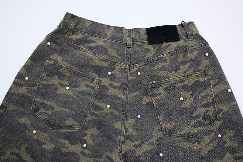 Pantalon cargo droit camouflage à clous perles – Denim à jambes larges