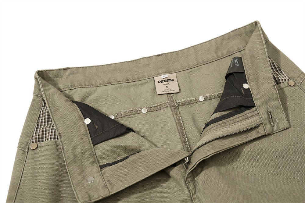 Wide-Leg Cargo Pants – Star Patch, Plaid Detail & Multi-Pocket Baggy Fit