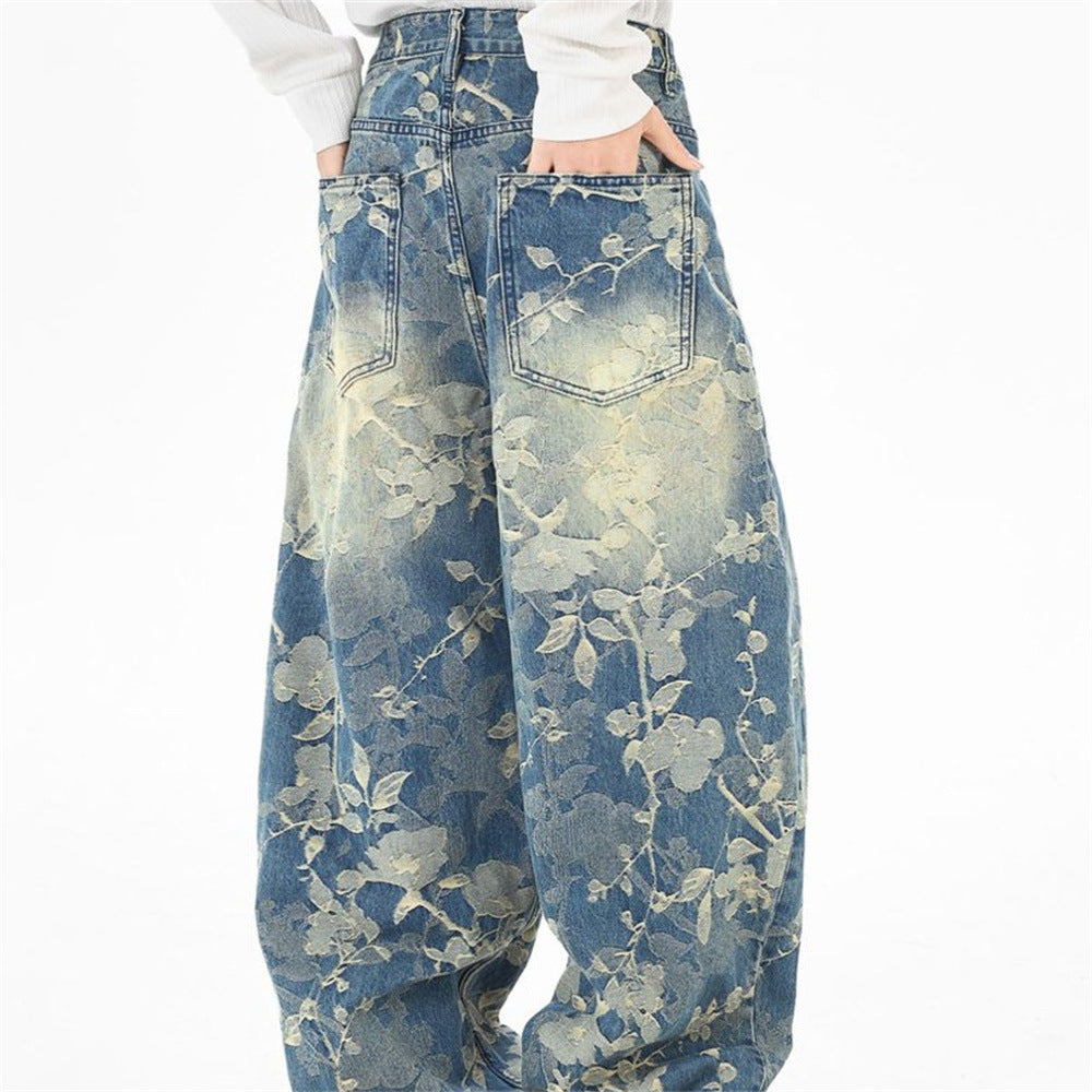 Floral Jacquard Wide-Leg Jeans – Vintage Washed Baggy Denim with Raised Flower