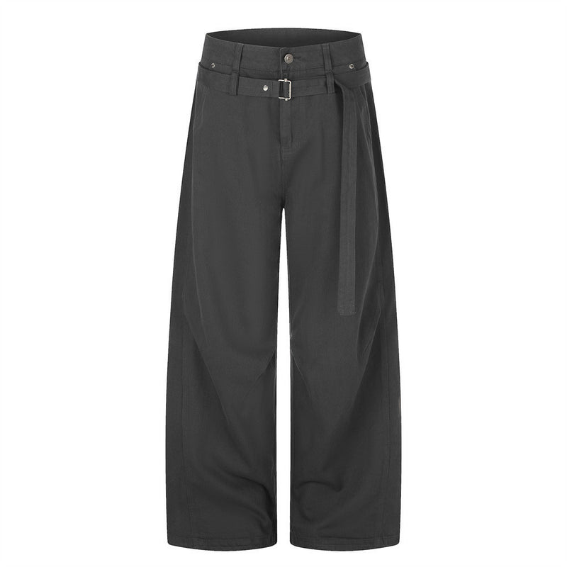 Men's wide-leg belted trousers in charcoal grey with metal buckle waistband and oversized straight-leg silhouette