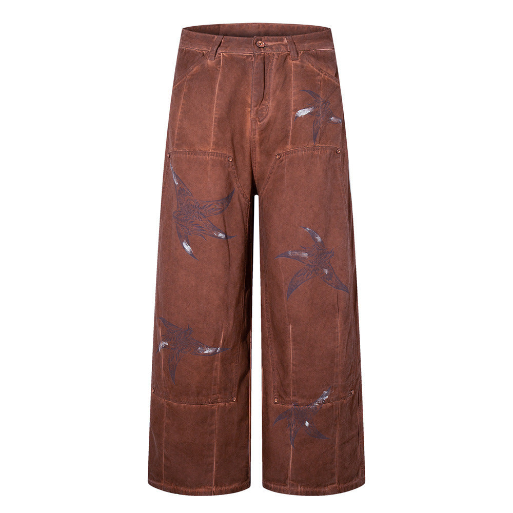 Wide-Leg Cargo Pants – Washed Brown Bird Print, Baggy Fit
