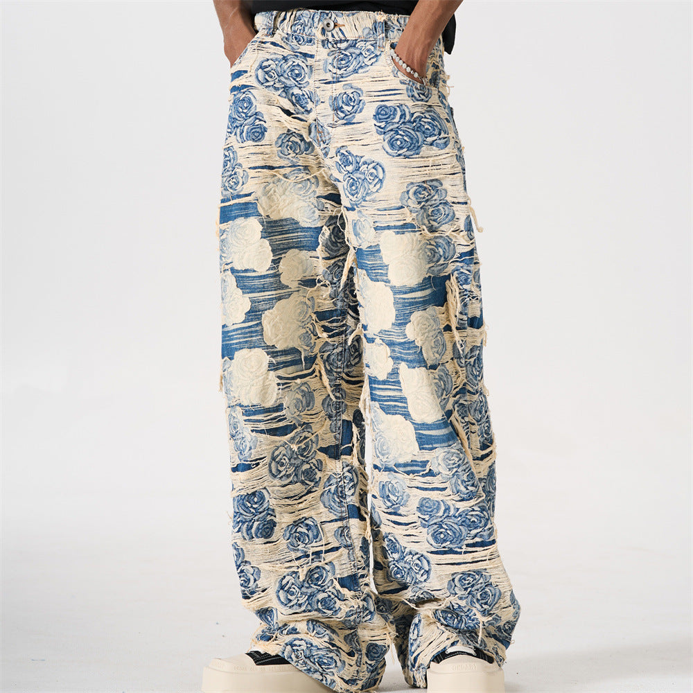 Rose Jacquard Distressed Wide-Leg Jeans – Blue Floral Fringe Denim