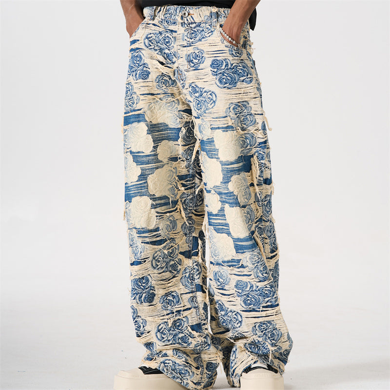 Rose Jacquard Distressed Wide-Leg Jeans – Blue Floral Fringe Denim