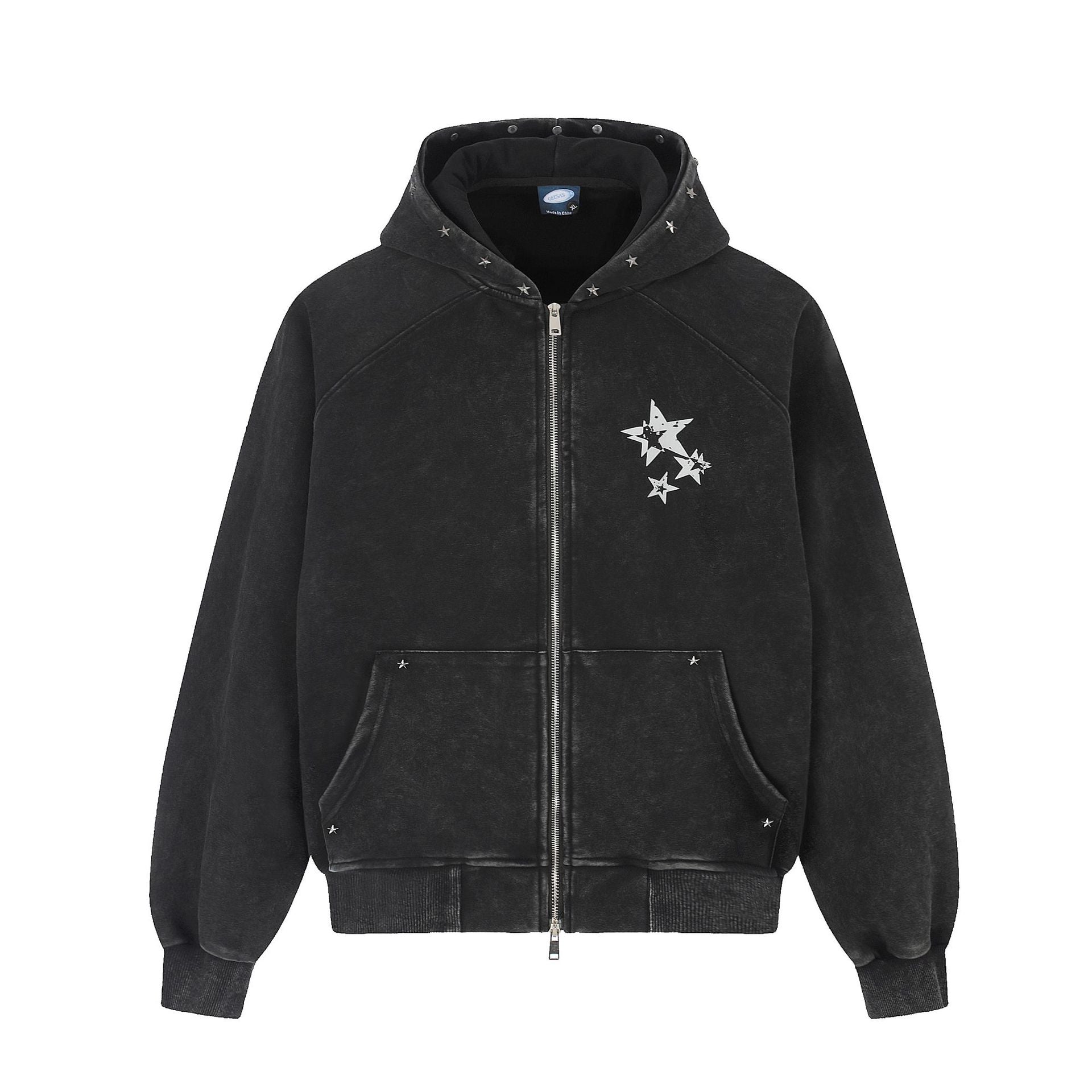 Acid-washed charcoal zip-up hoodie with star graphic chest print, grunge typography back print, and metal rivet stud details
