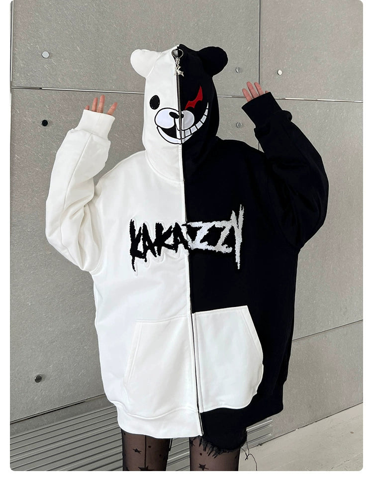 Monokuma-Inspired Hoodie - 400GSM Oversized Black and White Zip-Up Danganronpa Sweatshirt