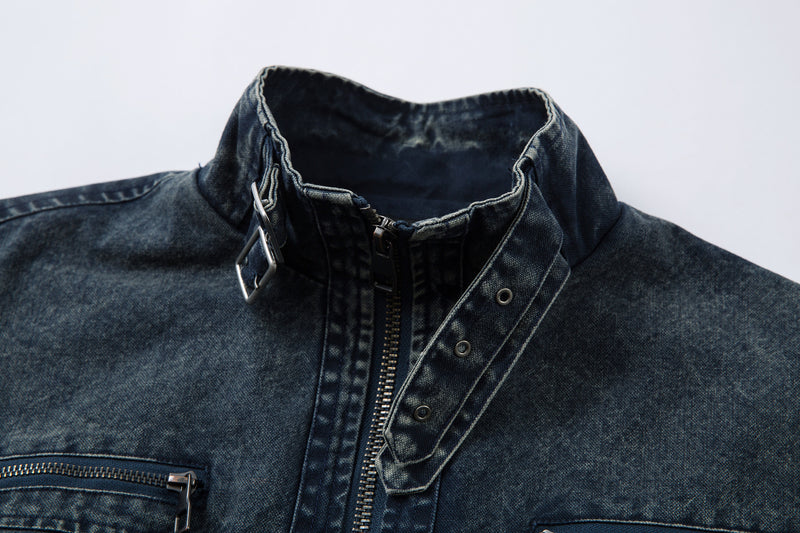 Oversized Washed Denim Jacket – Boxy Belted Hem, Acid-Wash Workwear Style