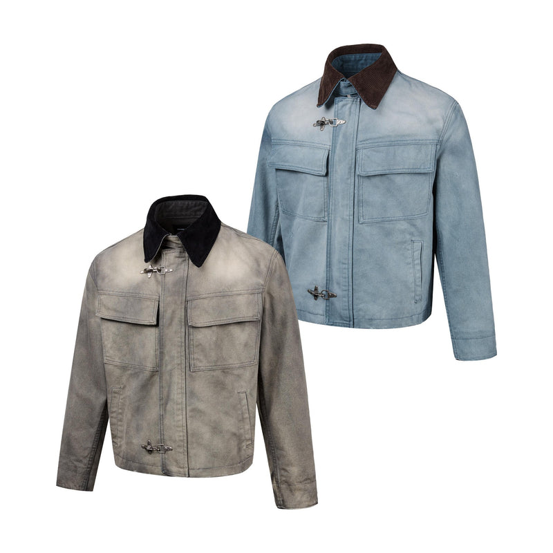Boxy Washed Denim Workwear Jacket with Corduroy Collar & Clasp Closure