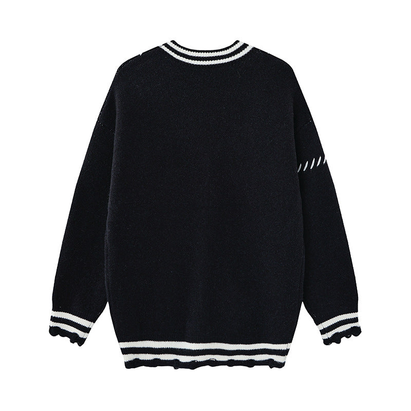 Strickcardigan mit Kreuzgrafik – Distressed-College-V-Ausschnitt, Oversize für Herren