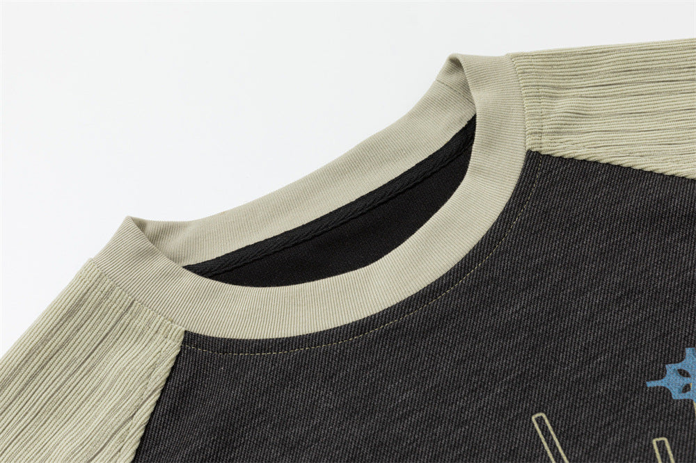 Long Sleeve Raglan T-Shirt with Gothic Castle Print – Contrast Sleeve Colorblock