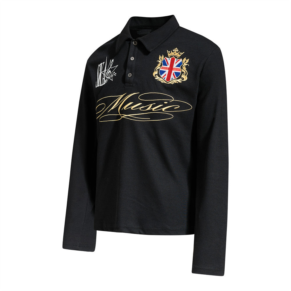 Men's Long-Sleeve Polo Shirt with Embroidered Music Badge & Union Jack Crest