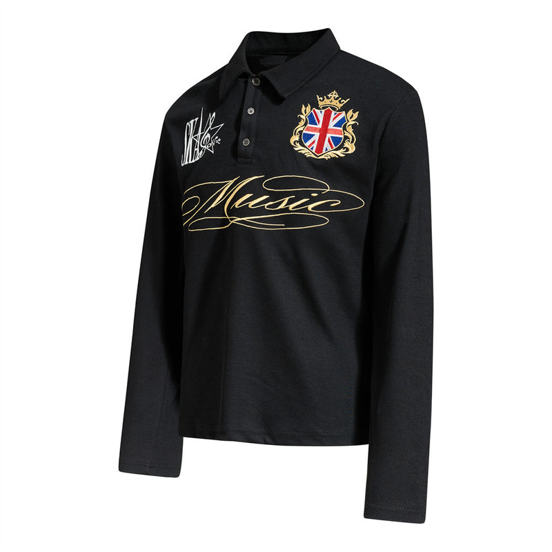 Men's Long-Sleeve Polo Shirt with Embroidered Music Badge & Union Jack Crest