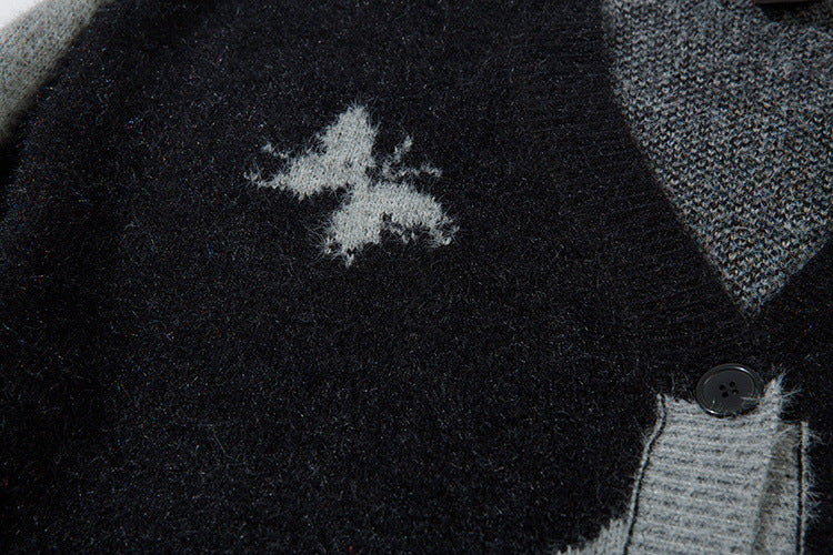 Gilet cardigan en maille jacquard papillon – Col V oversize, maille couple
