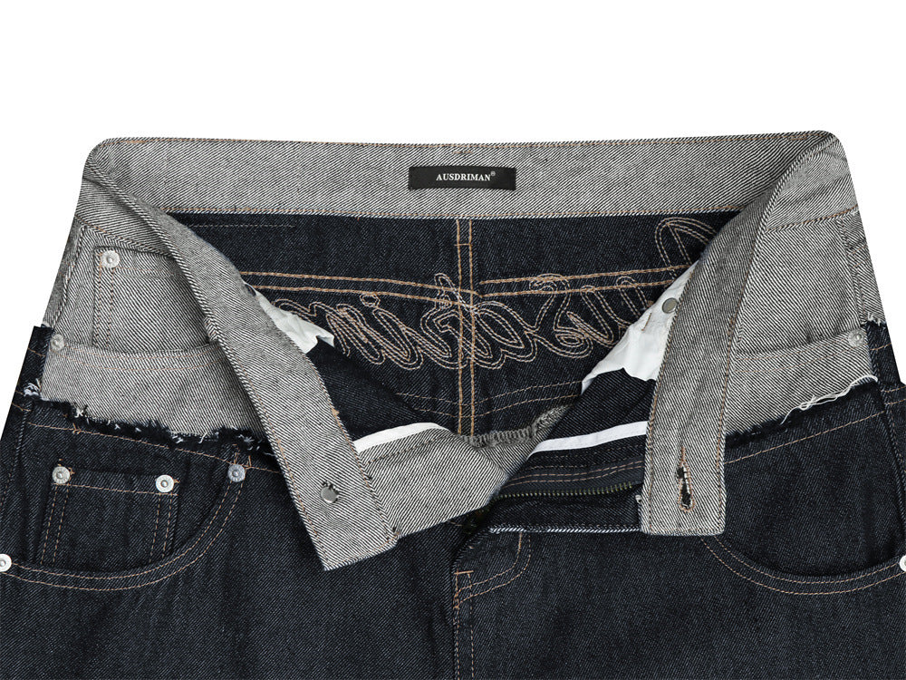 Jean homme coupe ample – Denim brut à double ceinture avec empiècements effilochés &