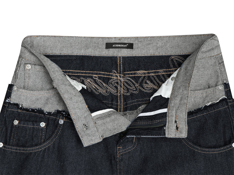 Jean homme coupe ample – Denim brut à double ceinture avec empiècements effilochés &