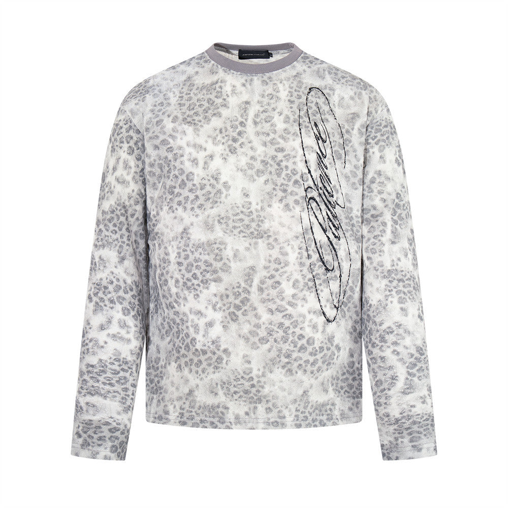 Men's grey snow leopard print long sleeve crew neck tee with vertical script logo graphic on front chest