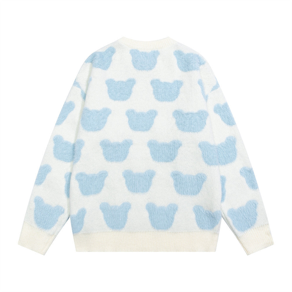 Bear Jacquard Crewneck Knit Sweater – Oversized Long Sleeve Pullover