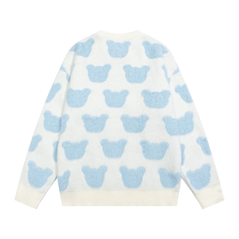 Bear Jacquard Crewneck Knit Sweater – Oversized Long Sleeve Pullover