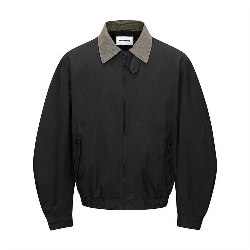 Men's Bomber Jacket with Houndstooth Collar & Pleated Sleeves