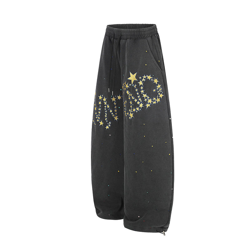 Pantalon de survêtement baggy à jambes larges, imprimé constellation d’étoiles, délavé