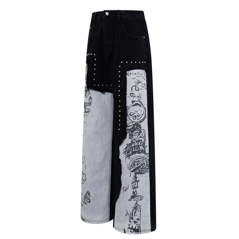 Wide-Leg Patchwork Jeans – Graffiti Print Panels & Studded Detail